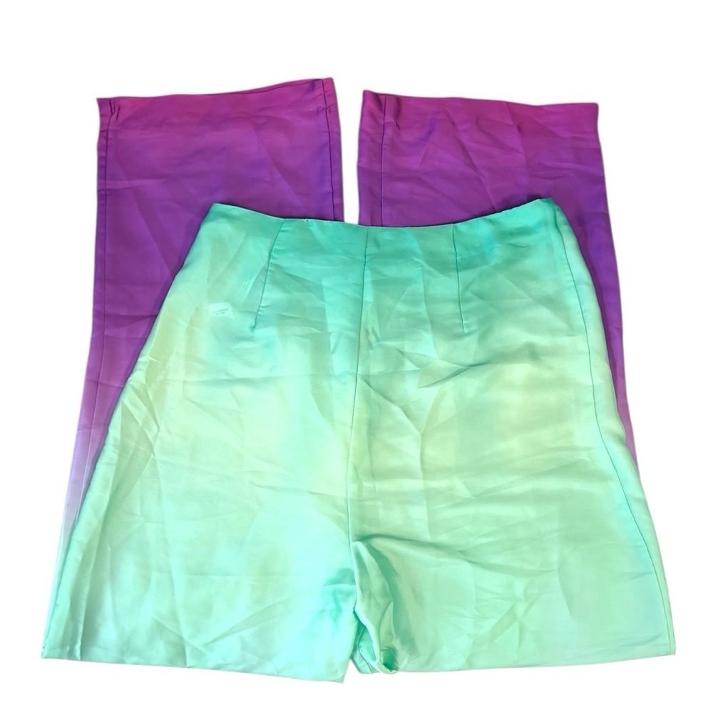 Zara Women's Green Purple Ombre Wide Leg Pareo High Waist Pants Size Large - Picture 9 of 10